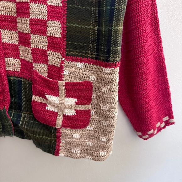 TM Sport Cardigan Sweater MEDIUM Vintage Patchwork Hand Knit Grandma Holiday Red - Picture 9 of 13
